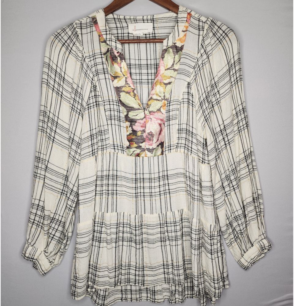 Anthropologie Darlene Plaid Peasant Blouse XS jacquard details Black/Cream Plaid